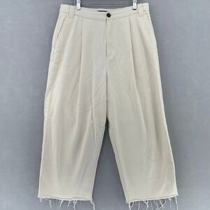 Zara Cream High Waisted Pleated Wide Leg Raw Hem Denim Pants SZ 32 US Fits 34x25